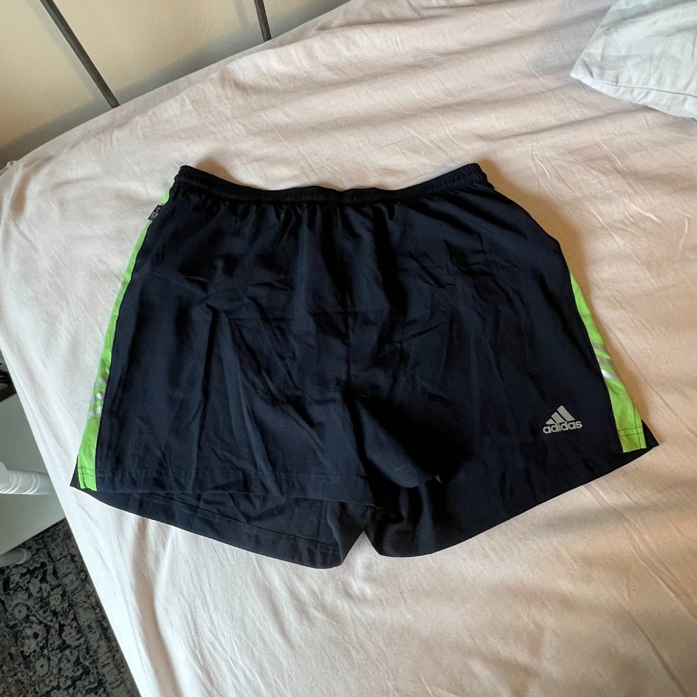 Adidas Galaxy Baggy Running Shorts Black with Lime Green Stripes. NWT